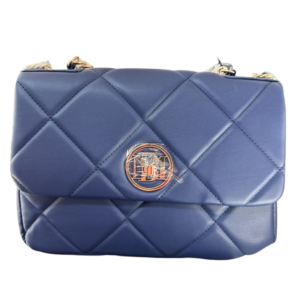 Badgley Mishka Quilted Navy Blue Crossbody Bag Gold Chain Handle Crossbody Strap